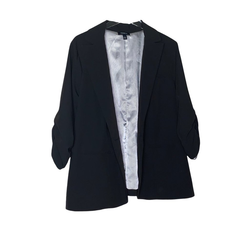 Torrid Womens Black Lined Ruched Sleeve Faux Pockets Jacket Blazer Size 2X